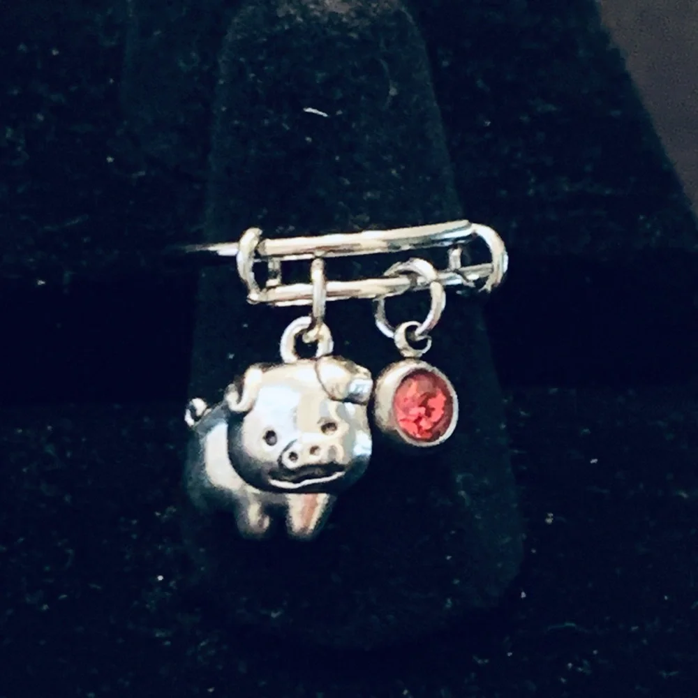 Pig charm dangle ring with birthstone charm